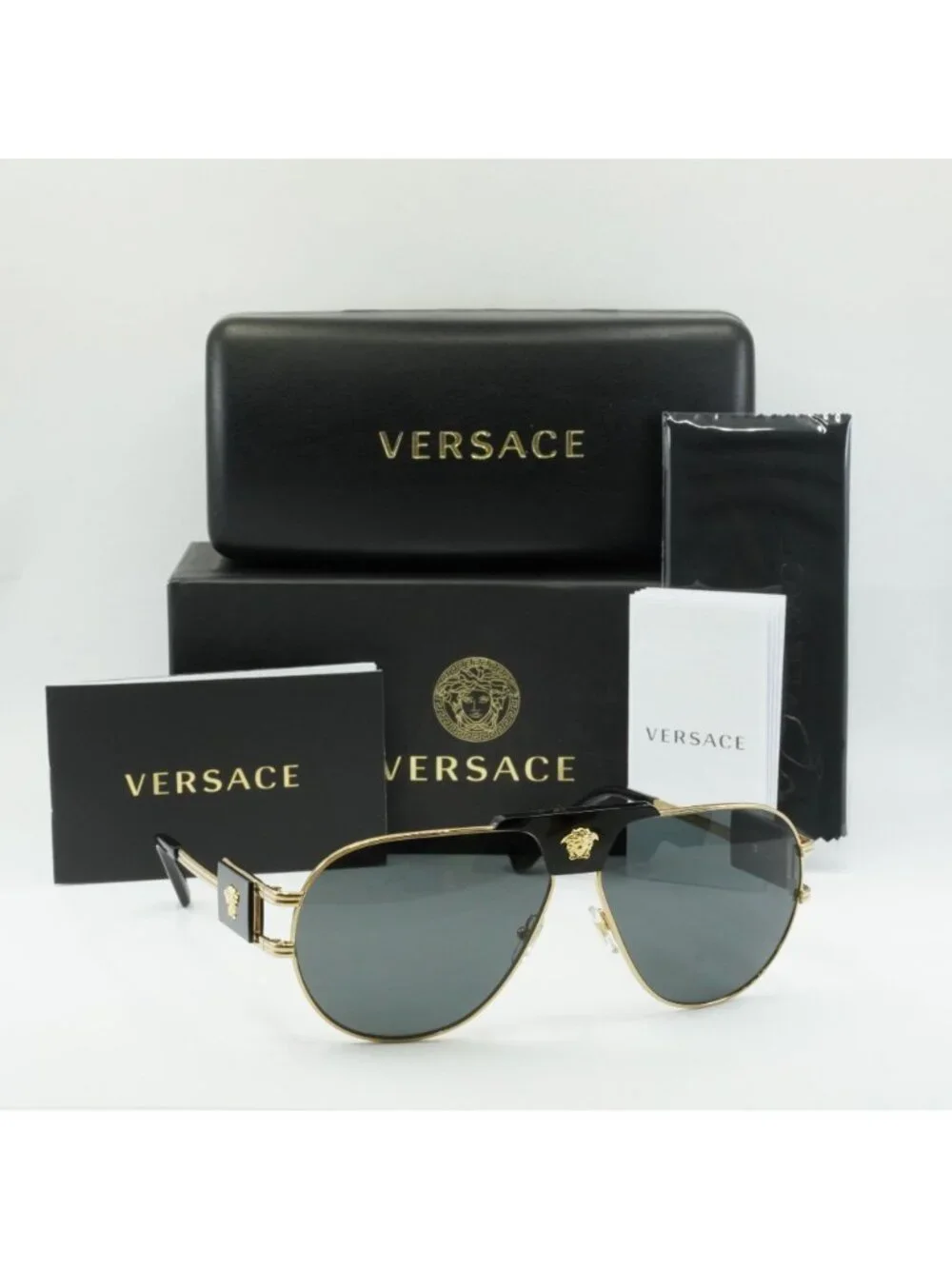 Versace VE2252 100287 Sunglasses Gold Aviator Frame, Dark Grey Lenses
